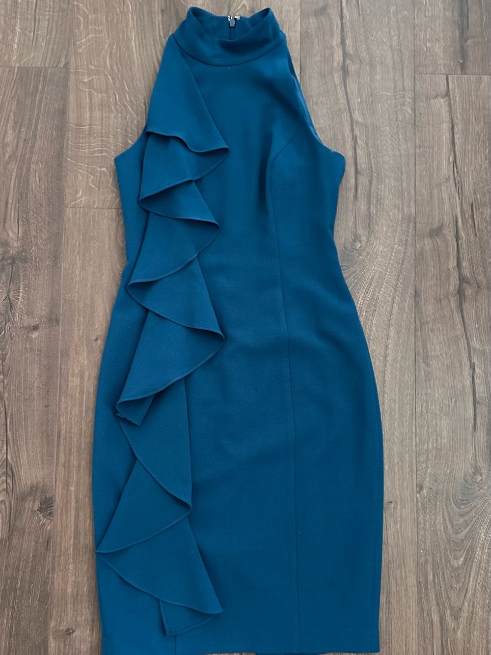 Eliza J Teal Ruffle High-Neck Midi Dress